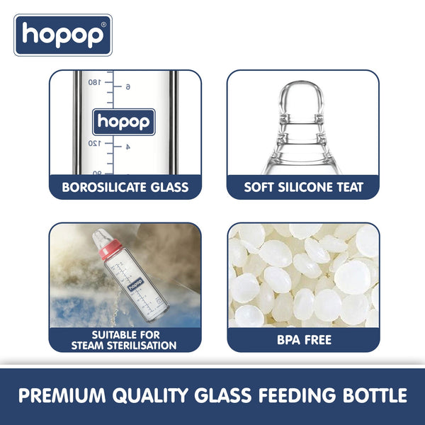 Hopop Premium Slim Neck Glass Feeding Bottle, BPA-Free - 250ml - Dezine Kids