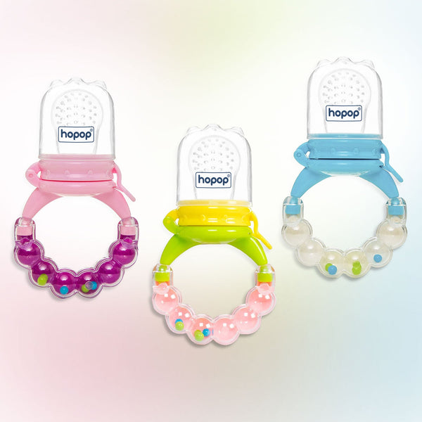 Hopop Silicone Baby Fruit Feeder with Rattle Handle – Teether & Food Nibbler - Dezine Kids