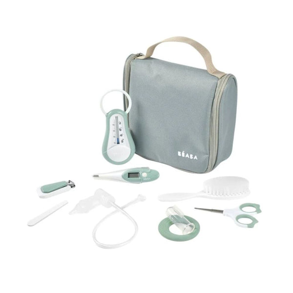 Beaba Grooming Kit, Hanging Toiletry Pouch with 9 Accessories - Sage Green