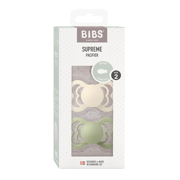 Bibs Supreme Silicone Baby Pacifiers with Symmetrical Nipple, Size 2 (6+ Months) Pack of 2 - Ivory/Sage