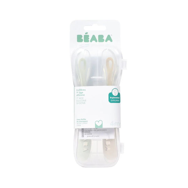 Beaba 1st Stage Silicone Spoon with Ultra Soft Tip, Gum Friendly, Ergonomic Handles, Set of 2 - Clay/Misty Green - Dezine Kids