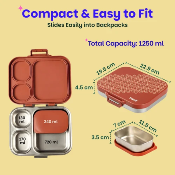 Basil 3+1 Compartment Stainless steel Lunchbox with Mini Box - Tanjore Kolam