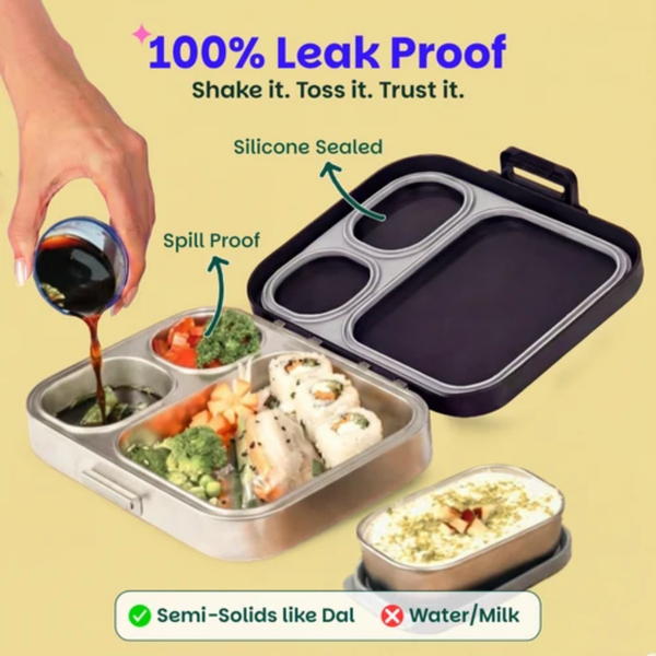 Basil 3+1 Compartment Stainless steel Lunchbox with Mini Box - Classic Black