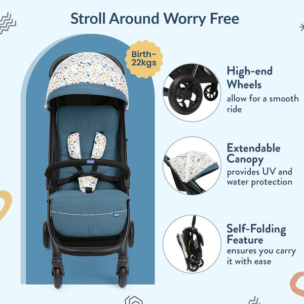 Chicco Glee Lightweight Baby Stroller with Multiple Recline Positions Pram for 0 to 4Y (Upto 22 Kg)- Joyful Teal
