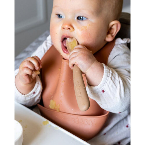 Beaba 1st Stage Silicone Spoon with Ultra Soft Tip, Gum Friendly, Ergonomic Handles, Set of 2 - Clay/Praline - Dezine Kids