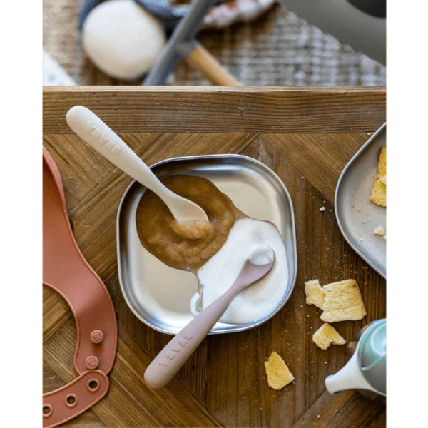 Beaba 1st Stage Silicone Spoon with Ultra Soft Tip, Gum Friendly, Ergonomic Handles, Set of 2 - Clay/Praline - Dezine Kids