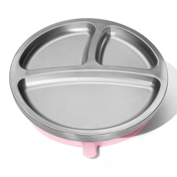 Avanchy Baby Stainless Steel Round Divided Plate with Silicone Suction Base - Pink