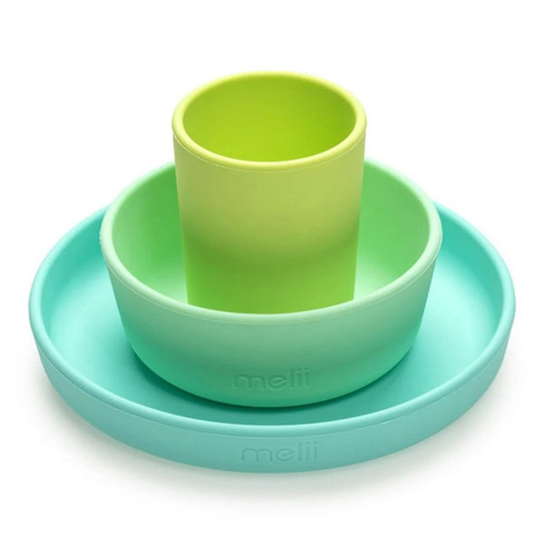 Melii 3 Piece Meal Set Food Grade Silicone Microwave & Dishwasher Safe - Lime, Mint & Blue