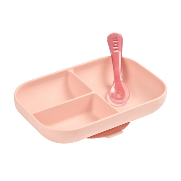 Beaba Silicone 2 Piece Baby Meal Set, Non-Slip, Unbreakable, Easy to Clean, BPA-Free Baby Feeding Set - Baby Pink