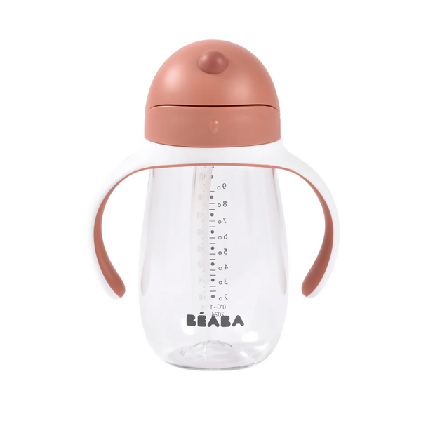 Beaba 2 in 1 Baby Sipper Water Bottle, Anti Spill Sippy Cup with Soft Silicone Straw for Toddler, Removable Handles, 300 ml - Terracotta