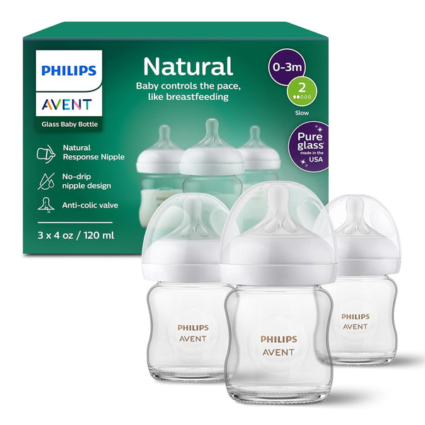 Philips Avent Natural Glass Baby Bottles with Natural Response Nipples (Slow Flow, Flow 2) - 120 ml