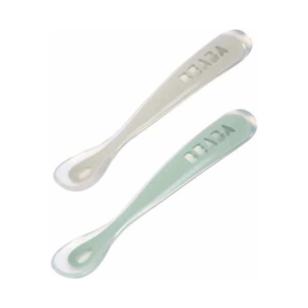 Beaba 1st Stage Silicone Spoon with Ultra Soft Tip, Gum Friendly, Ergonomic Handles, Set of 2 - Velvet Grey/Sage Green