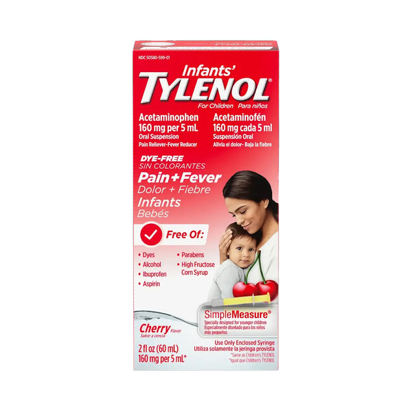 Infants Tylenol Pain & Fever Relief, Oral Suspension Liquid Medicine Dye Free Cherry, 2.0 fl oz - Dezine Kids