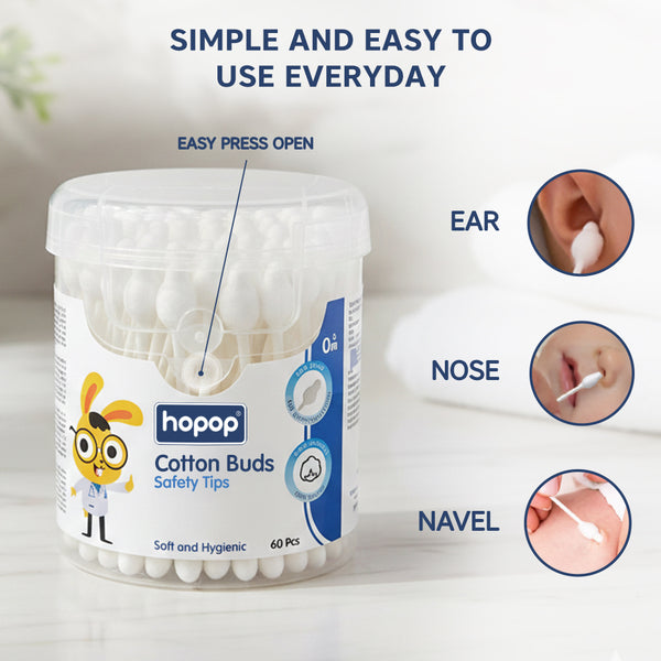 Hopop Safety Tips Cotton Buds for Delicate Care, 60 Pcs - Dezine Kids