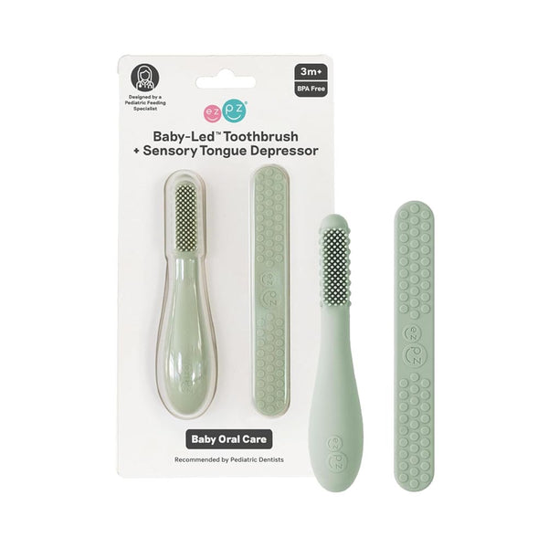 EzPz Baby Led Toothbrush 100% Silicone Infant Toothbrush with Dual Sided Bristles & Sensory Bumps - Sage