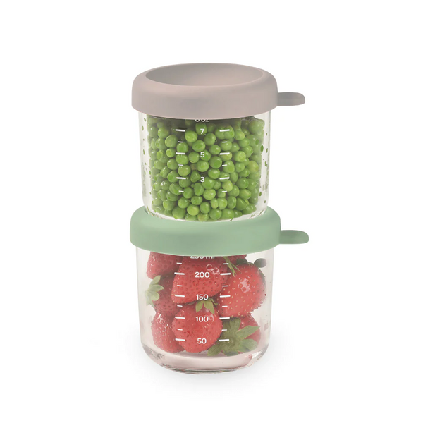 Beaba Glass Storage Container, Airtight Jar with Graduation Measuring Scale, 250 ml, Set of 2 - Sage Green & Gazelle