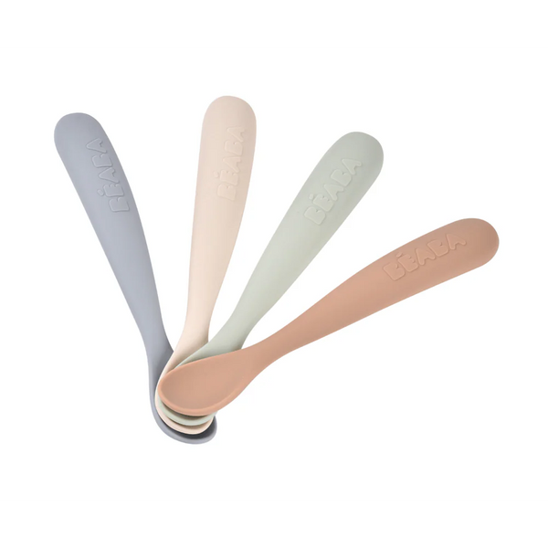 Beaba 1st Stage Silicone Spoon with Ultra Soft Tip, Gum Friendly, Ergonomic Handles, Set of 4 - Natural