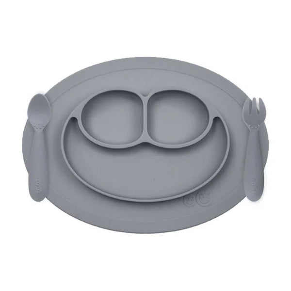 EzPz Mini Feeding Set for Toddlers (Mat, Spoon & Fork) - Grey