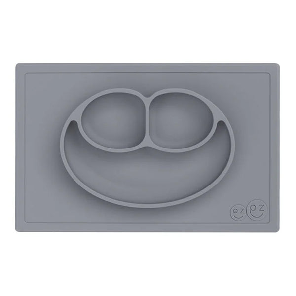 Ezpz Happy Mat 100% Food Grade Silicone Toddler Suction Plate with Built In Placemat, Smile Design Divided Plate - Grey