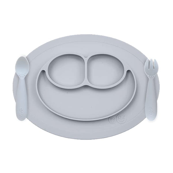 EzPz Mini Feeding Set for Toddlers (Mat, Spoon & Fork) - Pewter
