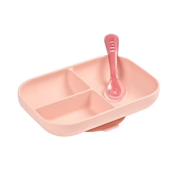 Beaba Silicone 2 Pieces Baby Meal Set, Non Slip, Unbreakable, Easy to Clean, BPA Free Baby Feeding Set - Baby Pink