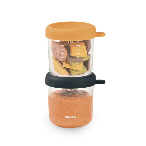 Beaba Glass Storage Container, Airtight Jar with Graduation Measuring Scale, 250 ml, Set of 2 - Night Blue & Honey