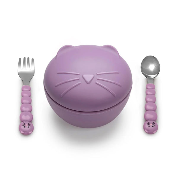 Melii Silicone Bowl With Lid, Spoon & Fork, Airtight & Leakproof Lid - Cat