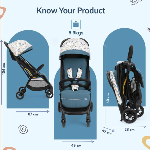 Chicco Glee Lightweight Baby Stroller with Multiple Recline Positions Pram for 0 to 4Y (Upto 22 Kg)- Joyful Teal