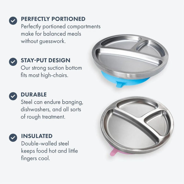 Avanchy Baby Stainless Steel Round Divided Plate with Silicone Suction Base - Pink