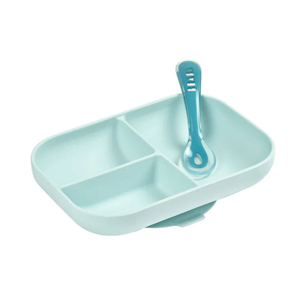 Beaba Silicone 2 Piece Baby Meal Set, Non Slip, Unbreakable, Easy to Clean, BPA Free Baby Feeding Set - Blue - Dezine Kids