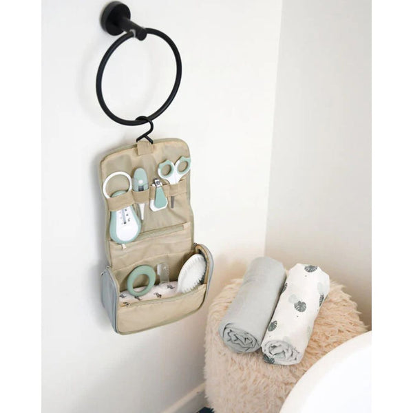 Beaba Grooming Kit, Hanging Toiletry Pouch with 9 Accessories - Sage Green