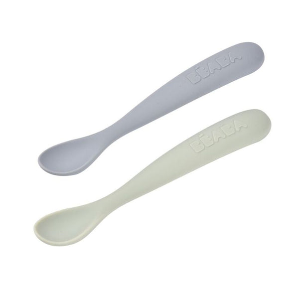 Beaba 1st Stage Silicone Spoon with Ultra Soft Tip, Gum Friendly, Ergonomic Handles, Set of 2 - Green/Grey - Dezine Kids