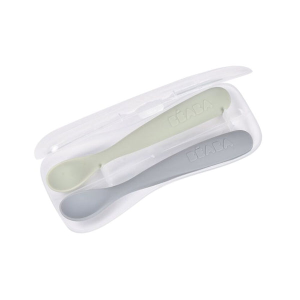 Beaba 1st Stage Silicone Spoon with Ultra Soft Tip, Gum Friendly, Ergonomic Handles, Set of 2 - Green/Grey - Dezine Kids