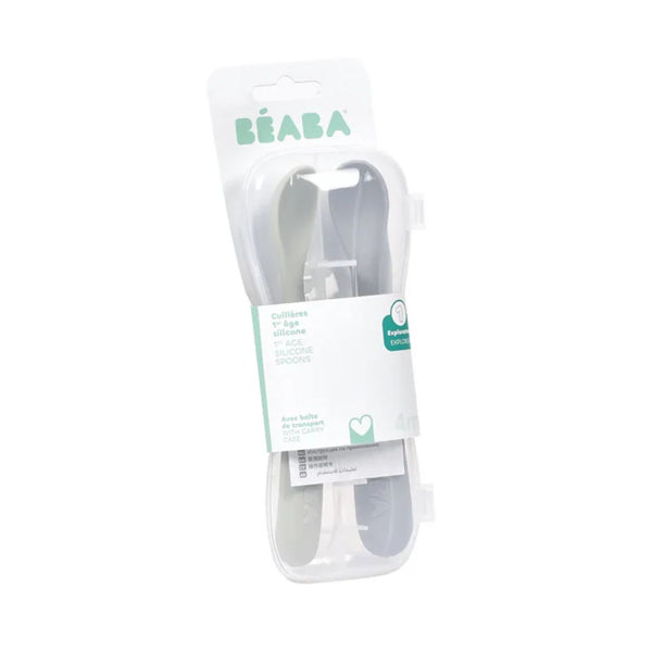 Beaba 1st Stage Silicone Spoon with Ultra Soft Tip, Gum Friendly, Ergonomic Handles, Set of 2 - Green/Grey - Dezine Kids
