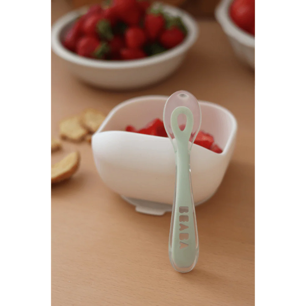 Beaba 2nd Stage Silicone Spoon with Ultra Soft Tip, Gum Friendly, Ergonomic Handles, BPA Free - Misty Green