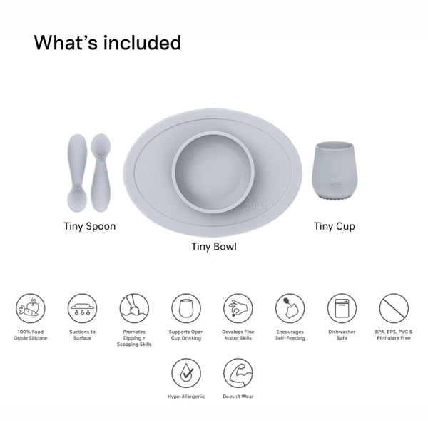 EzPz First Foods Set 100% Food Grade Silicone Baby & Toddler Suction Bowl with Built In Placemat - Pewter - Dezine Kids