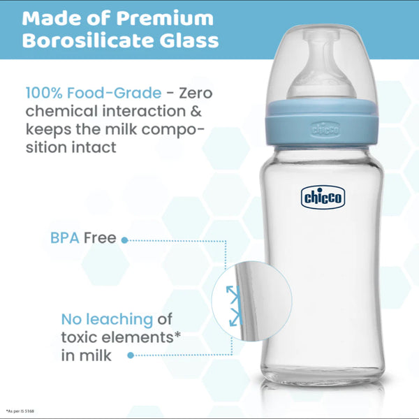 Chicco Well Being Glass Feeding Bottle for 2m+ 240ml Medium Flow - Blue