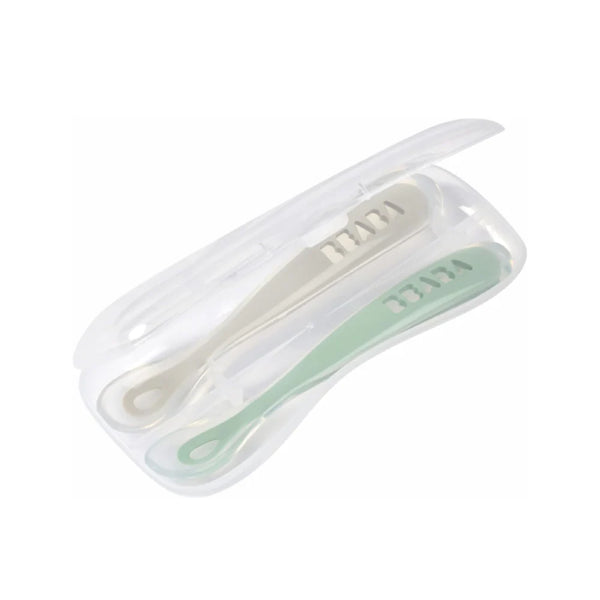 Beaba 1st Stage Silicone Spoon with Ultra Soft Tip, Gum Friendly, Ergonomic Handles, Set of 2 - Velvet Grey/Sage Green