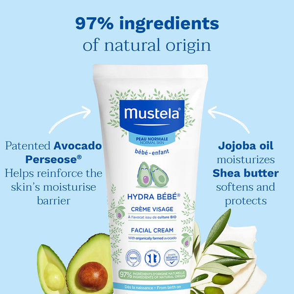 Mustela Hydra Bebe Face Cream With Avocado Moisturizes & Strengthens Skin Barrier, Chemical Free & Safe From Birth On - 40 ml - Dezine Kids