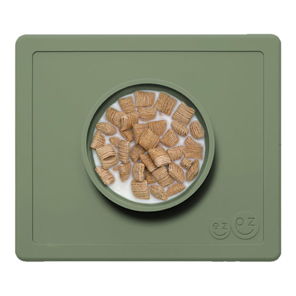EzPz Happy Bowl 100% Food Grade Silicone Suction Bowl with Built In Placemat - Olive