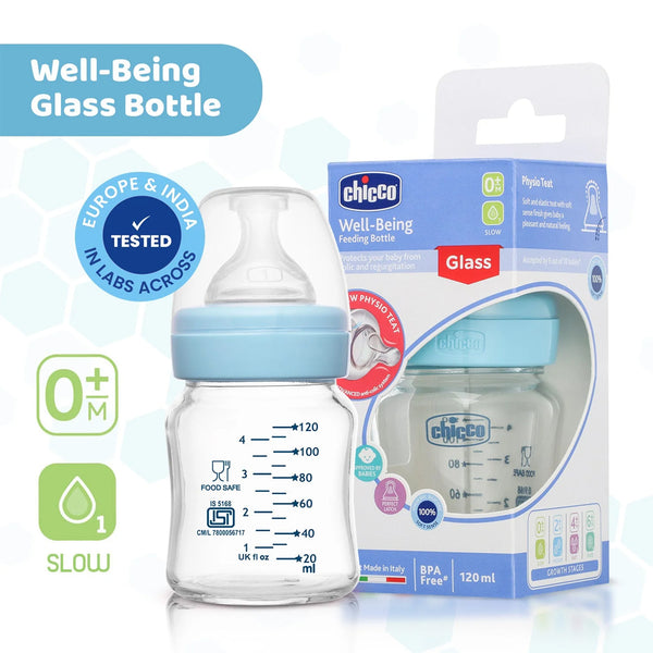 Chicco Well Being Glass Feeding Bottle for 0m+ 120ml Slow Flow - Blue