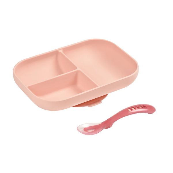 Beaba Silicone 2 Piece Baby Meal Set, Non-Slip, Unbreakable, Easy to Clean, BPA-Free Baby Feeding Set - Baby Pink