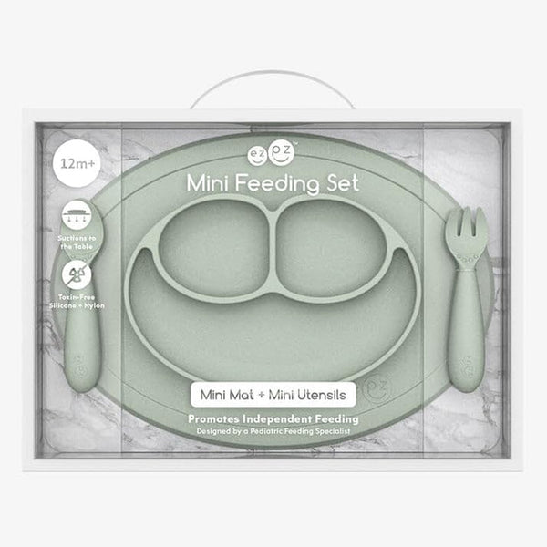 EzPz Mini Feeding Set for Toddlers (Mat, Spoon & Fork) - Sage