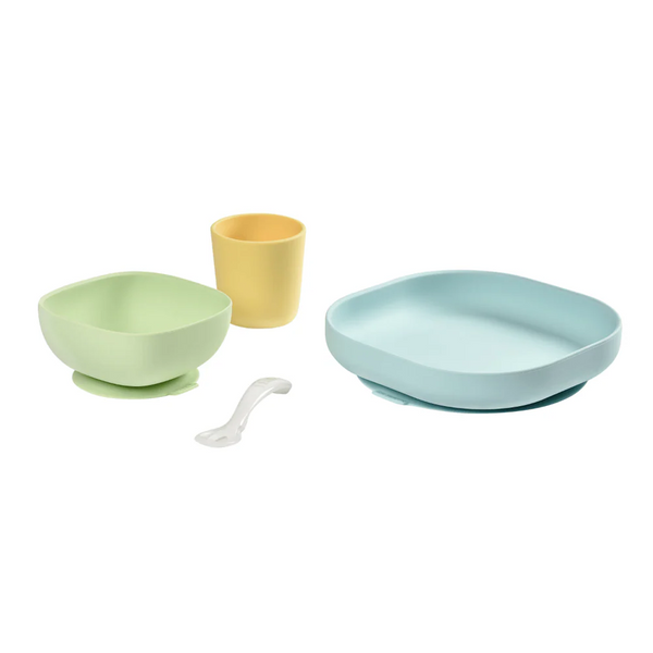 Beaba Silicone 4 Piece Baby Meal Set, Non-Slip, Unbreakable, Easy to Clean, BPA-Free Baby Feeding Set - Yellow