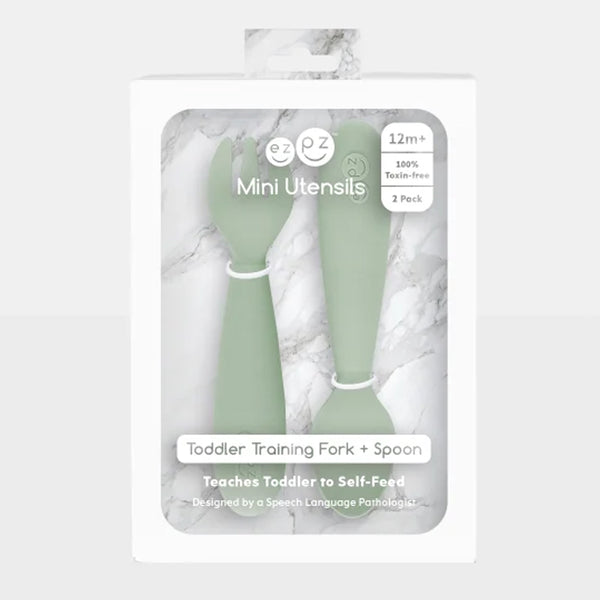 EzPz Mini Utensils for Toddlers (Spoon & Fork) - Sage - Dezine Kids