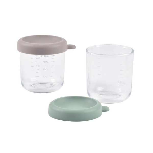 Beaba Glass Storage Container, Airtight Jar with Graduation Measuring Scale, 250 ml, Set of 2 - Sage Green & Gazelle