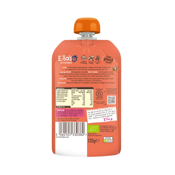 Ellas Kitchen Baby Puree Pouch, 4+ months 120g - Peaches & Bananas - Dezine Kids