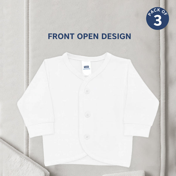 "Pack of 3 baby vests – front open full sleeve cotton vests for newborns"