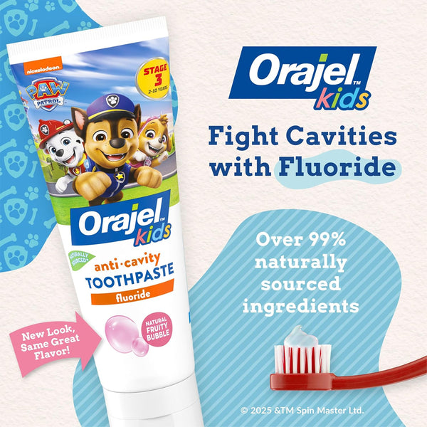 Orajel Kids Anti Cavity Toothpaste Fluoride Paw Patrol, Natural Fruity Bubble Flavor, Stage 3, 2-10 Yrs - 119 g - Dezine Kids