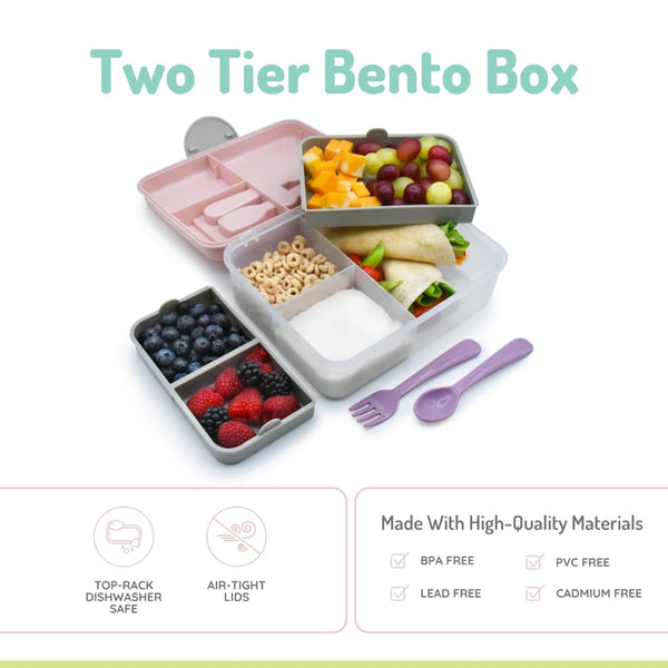 Melii 2 Tier Bento Lunch Box With 6 Compartments Includes Spoon & Fork - Pink, Purple & Grey